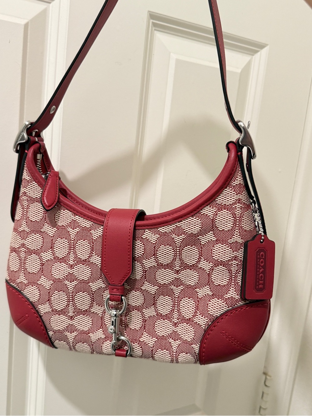 COACH Hamptons Ruby Red Signature Jacquard Hobo Bag